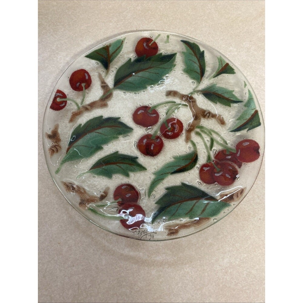 Vintage Fireglass 1996 Fused Cherries Art Plate Signed